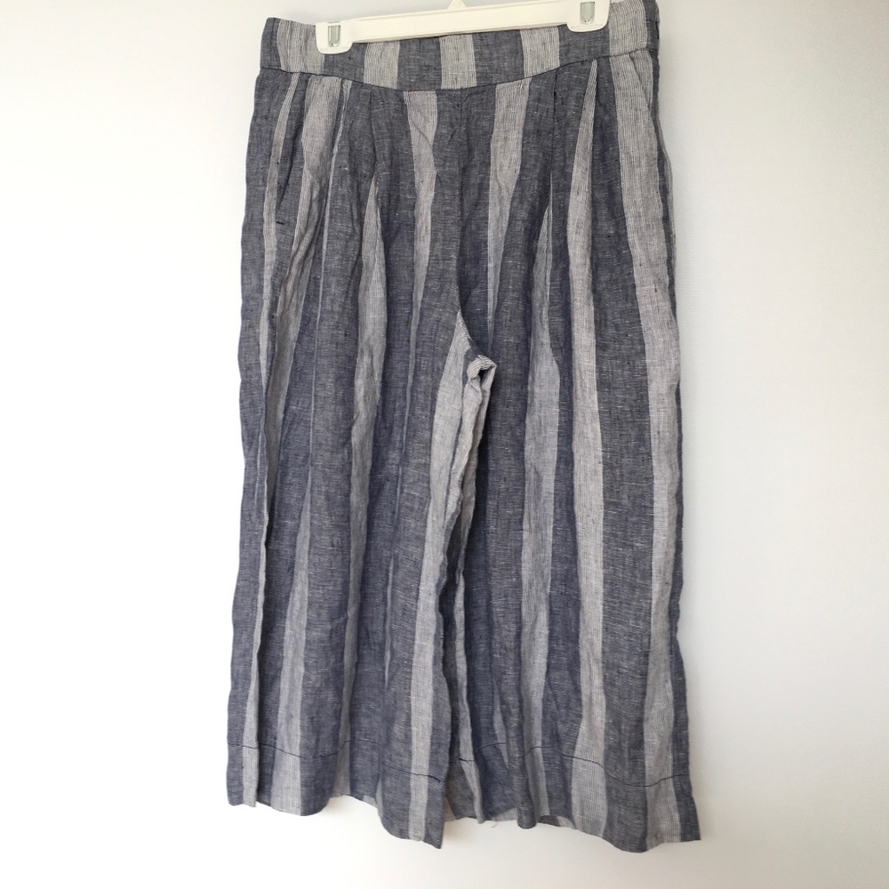 GAP Wide Leg Linen Pants Crop Side Pockets Front Pleats Sz 14 Blue White Striped